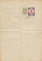 1934 Műszaki 50f okmánybélyeggel+alul-felül vágott Győr városi illetékbélyeggel