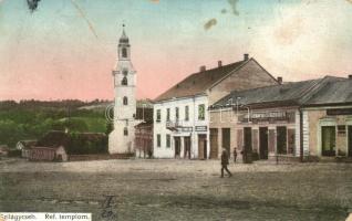 Szilágycseh, Református templom,  Lebovits Herman vas és fűszer üzlete, Krémer Ignác kiadása / Calvinist church, shops (fa)