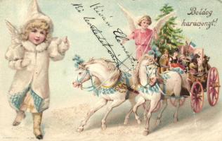 Christmas, horse carriage, angels, A. Sockl No. 845. litho (fa)