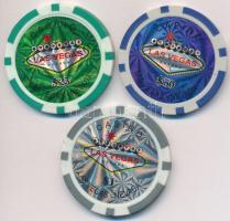 Amerikai Egyesült Államok/Nevada/Las Vegas DN 1$ + 25$ + 50$ műanyag kaszinó zsetonok T:2 USA/Nevada/Las Vegas ND 1 Dollar + 25 Dollars + 50 Dollars plastic gaming tokens C:XF