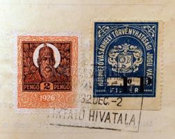 1932 Hódmezővásárhely 1P/80f városi illetékbélyeg teljes okmányon