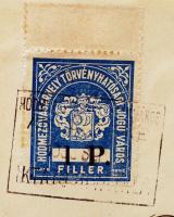 1933 Hódmezővásárhely 1P városi illetékbélyeg teljes okmányon