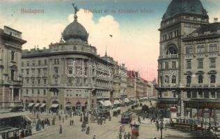 Budapest VIII. Rákóczi út, Erzsébet körút, Zálogkölcsön intézet, drogéria, gyógyszertár, villamos (EK)