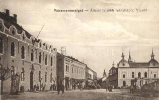 Máramarossziget, tér, Állami felsőbb leányiskola, Vigadó, Dreher sörcsarnok / square, girl school, beer hall (wet damage)