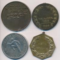 1922. "Diszkoszvetés" aranyozott fém díjérem. Szign.: Ludvig E. Budapest (36m) + 1952. "Röplabda / Budapest. X. kerület" fém díjérem (40mm) + 1974. "A Magyar Rádió Futó-Kocogó Versenye" fém díjérem (40mm) + Damkó József (1872-1955) / Exner Károly (1850-1919) DN "Magyar Országos Torna Szövetség" Br emlékérem (45mm) T:2- (fülnyom,sérült fül)