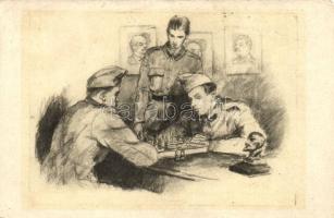 Honvéd soldiers playing chess in the room (Rb)