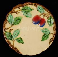 Szecessziós fali dísztányér, kézzel festett, apró mázhibákkal, jelzett, d:26 cm