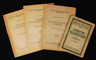 4 db műszaki-mérnöki tematikájú könyv: Szegő Henrik: A vegytan és a vegyi ipar. Bp., 1923, Népszava Könyvkereskedés (Műszaki Könyvtár XXV.). Papírkötésben, az elülső borító részben elválik.; Komondy Zoltán: A hőenergiagazdálkodás alapelvei. Bp., 1942, Királyi Magyar Egyetemi Nyomda (A Mérnöki Továbbképző Intézet kiadványai VII. 6.). Kicsit szakadt papírkötésben.; Vajda Ödön: A szűrés és a szűrőkészülékek. Bp., 1944, Királyi Magyar Egyetemi Nyomda (A Mérnöki Továbbképző Intézet kiadványai V. 45.). Papírkötésben, jó állapotban.;  Vajda Ödön: Gőzfűtésű elgőzölögtetők. Bp., 1947, Egyetemi Nyomda (A Mérnöki Továbbképző Intézet kiadványai G. 30.). Kicsit szakadt papírkötésben.