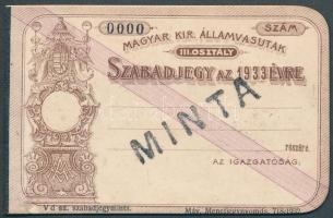 1933 Magyar Királyi Államvasutak által kibocsátott többlapos szabadjegy minta az 1933. évre