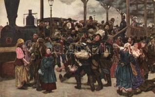 A la guerre / Soldiers farewell at the railway station, locomotive s: C. Savitsky