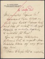 1932 Czigler Pál tisztiorvos, orvostudományi író saját kézzel írt levele és aláírása