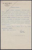 1934 Entz Béla (1877-1959) orvosdoktor, a M. kir. Állatorvosi Főiskolán a kórbonctan és az általános kórtan nyilvános rendes tanárának aláírása levélen
