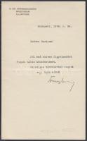1929 Tormay Géza M.Kir.Kereskedelemügyi Minisztérium Államtitkárának aláírása levélen