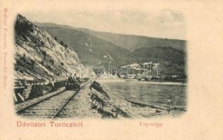 Turóc folyó, Vág-völgy; Vasút, hajtányosok, kiadja Moskóczi Ferenczné / railroad, draisine