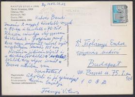 1983 Frenyó Vilmos (1908-1988) botanikus üdvözlő sorai és aláírása Táplányi Endre (1921-1991) gyógyszerész-gyógyszertörténészhez írt levelezőlapján.