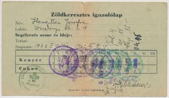 1942 Nagyvárad, zöldkeresztes igazolvány kenyér- és cukorsegélyről, bélyegzőkkel ellátva.