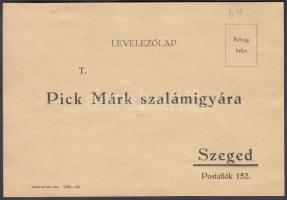 cca 1930 Kitöltetlen árurendelő levelezőlap, Pick Márk szalámigyára, Szeged