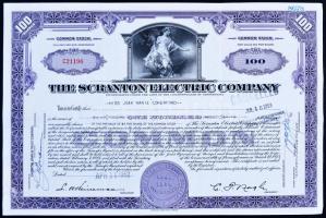Amerikai Egyesült Államok/Pennsylvania 1952. "A Scranton-i Elektromos Művek" 100 részvénye egyenként 5$-ról, bélyegzéssel T:III (ragasztott) USA/Pennsylvania 1952. "The Scranton Electric Company" 100 shares, each about 5 Dollars, overprinted C:F (sticked)