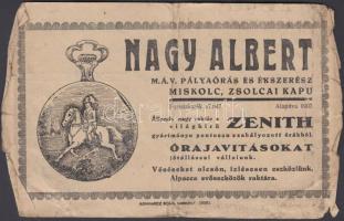 1938 Miskolc, Nagy Albert MÁV pályaórás reklámja, hátoldalon feljegyzés pénzfelvételről hat pengő értékben.