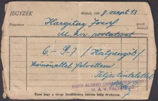 1938 Miskolc, Nagy Albert MÁV pályaórás reklámja, hátoldalon feljegyzés pénzfelvételről hat pengő ér...