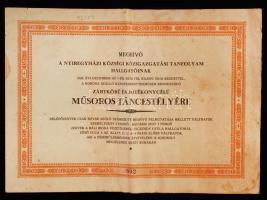 1928 Számozott meghívó a nyíregyházi községi közigazgatási tanfolyam hallgatói részére rendezett jótékonysági műsoros táncestélyre, a fővédnökök, védnökök és rendezők névsorával.