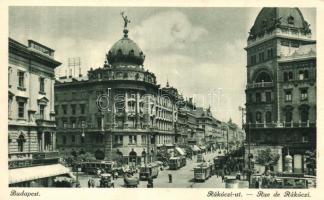 Budapest VIII. Rákóczi út, kávéház, gyógyszertár, zálogkölcsön intézet, villamos