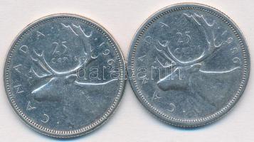 Kanada 1956-1961. 25c Ag "II. Erzsébet" (2x) T:2- Canada 1956-1961. 25 Cents Ag "Elizabeth II" (2x) C:VF