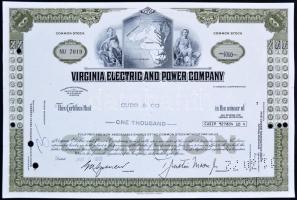Amerikai Egyesült Államok/Virginia 1971. "Virginiai Elektromos Művek" 1000 részvénye, lyukasztva, perforált, bélyegzéssel + Delaware 1971. "Észak Amerikai Rockwell Vállalat" 10 részvénye, egyenként 4,75$-ról, lyukasztva, perforált, bélyegzéssel T:II,II- (apró lyukak) USA/Virginia 1971. "Virginia Electric and Power Company" 1000 shares, with holes, perforated, overprinted + Delaware 1971. "North American Rockwell Corporation" 10 shares, each about 4,75 Dollars, with holes, perforated, overprinted C:XF,VF (small holes)