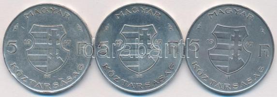 1947. 5Ft Ag "Kossuth" (3x) T:2,2- Adamo F8.1