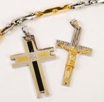 1 db rusztikus jellegű nemes acél nyaklánc, h: 28 cm; valamint 2 db feszület medál, lánc nélkül