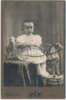 cca 1890 Gyermek játékokkal, Mérei és Társa Bp., keményhátú fotó, 11x16 cm