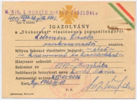 1943. Igazolvány a Tűzkereszt I. fokozatának odaítéléséről és viselésének jogosultságáról