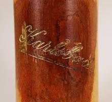 Antik, réz berakásos fa pipa szipka, "Karlsbad", jelzésű fa tokjában, m: 9 illetve 13,5 cm