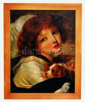 Kislány kutyussal, festményreprodukció, fa keretben, 19x24 cm