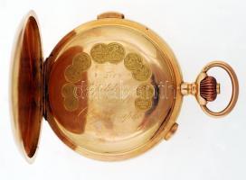 cca 1910 Répétition a quarts chronographe dupla, aranyfedelű, 14K arany zsebóra, stopperrel, kiváló,...