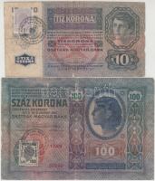 1915. 10K + 1912. 100K mindkettő román bélyeggel és felülbélyegzéssel T:III,III-