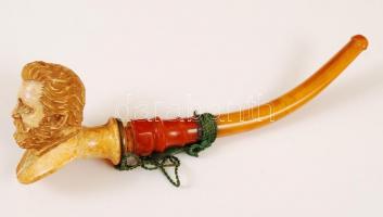 Antik faragott, emberfejet ábrázoló tajtékpipa, szárral, h: 15,5 cm, m: 4,5 cm / Antique meerschaum pipe, with head carving and stem