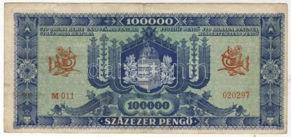 1945. 100.000P "kék"! bélyeggel, hátlap erősen jobbra és lefelé csúszott nyomással! T:II- ...