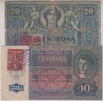 1915. 10K + 1919. 20K mindkettő csehszlovák bélyeggel és felülbélyegzéssel T:III,III-