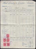 1939 Szállodaszámla az olaszországi Sorrento-ból okmánybélyegekkel