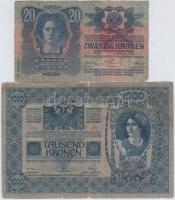 1913. 20K + 1902. 1000K piros "Magyarország" körbélyegzővel és áthúzással érvénytelenítve ...