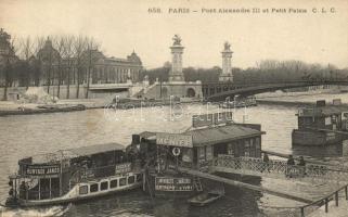 Paris, Alexandre III bridge, palace, port, ships, Hunyadi János the best natural purgative water advertisement, Chocolet Menier advertisement (EK)