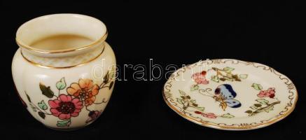 Zsolnay pillangó mintás mini kaspó és tálka, kézzel festett, hibátlan, jelzett, m: 6 cm, d: 8,5 cm