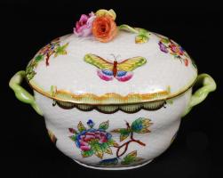 Herendi Viktória mintás kézzel festett porcelán bonbonier apró rózsákkal, apró hibával, jelzett, 11x13 cm