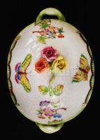 Herendi Viktória mintás kézzel festett porcelán bonbonier apró rózsákkal, apró hibával, jelzett, 11x...