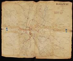 cca 1950 Budapest térképe (Kókai féle) rajta kézzel rajzolt körzet jelölésekkel 80x100 cm