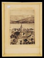 Ábrahám Rafael (1929- ): Nagymarosi látkép. Rézkarc, papír, jelzett, üvegezett keretben, 45×33,5 cm