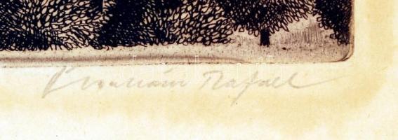 Ábrahám Rafael (1929- ): Nagymarosi látkép. Rézkarc, papír, jelzett, üvegezett keretben, 45×33,5 cm