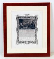 1841 In congress, July 4th 1776, the Unanimous Declaration of the Thirteen States of America. A függetlenségi nyilatkozat egyhangú elfogadása a kongresszusban, a Függetlenségi Nyilatkozat szövegével, alatta a résztvevők aláírásaival, körben pedig az amerikai elnökök arcképével valamint a tizenhárom állam címerével. D. Kimberly acélmetszete, J. B. Bolton betűivel, Boston, Franklin Print Co., papír, paszpartuban, üvegezett keretben, 51×45 cm / The Unanimous Declaration of the Thirteen States of America, with the text of the Declaration and the autographs of the participants; around it the coats of arms of the thirteen states and the portraits of the American presidents. Etching by D. Kimberly, the lettering by J. B. Bolton, Boston, Franklin Print Co. On paper, in frame