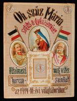 1916 Oh, Szűz Mária segíts a győzelemhez, oltalmazd meg vitéz harczosainkat az 1914-16. évi világháborúban. Gazdagon díszített áttört hímzés, kis hiánnyal, 3 db 10 filléres segélybélyeggel.